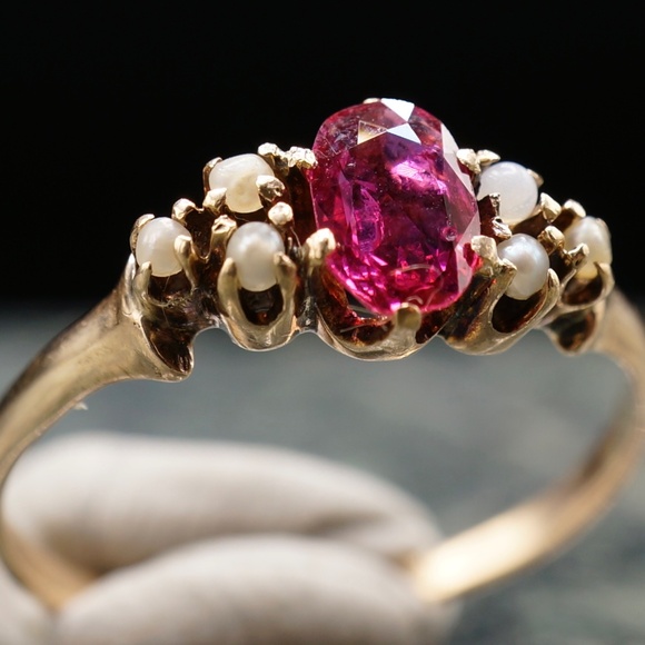 c.1880 Victorian Engagement Ring .52ct 6.5x4mm Natural Ruby Seed Pearls 14k - Picture 2 of 12